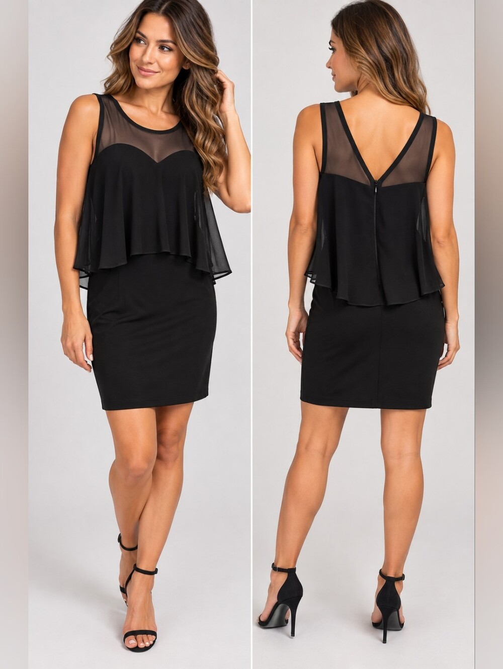 🖤 Karina Black Sheer Overlay Ruffle Cocktail Dress Size 8